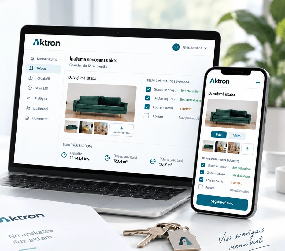 AKTRON property handover act shown on a laptop and a phone.