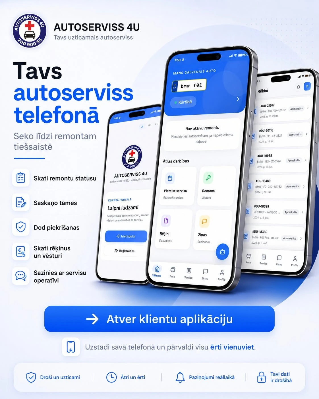 Autoserviss 4U customer app showing repair status, invoices and messages on a phone.