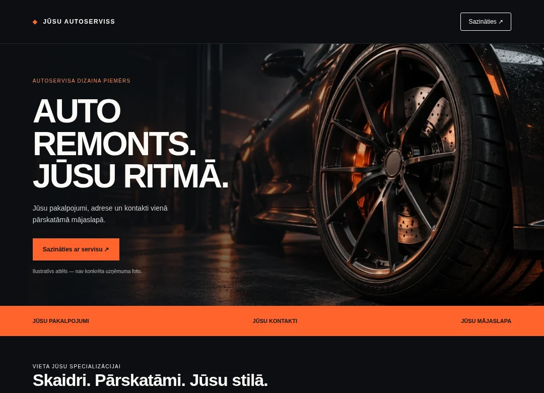 Tumšs autoservisa mājaslapas dizaina piemērs ar auto foto un skaidru kontaktpogu